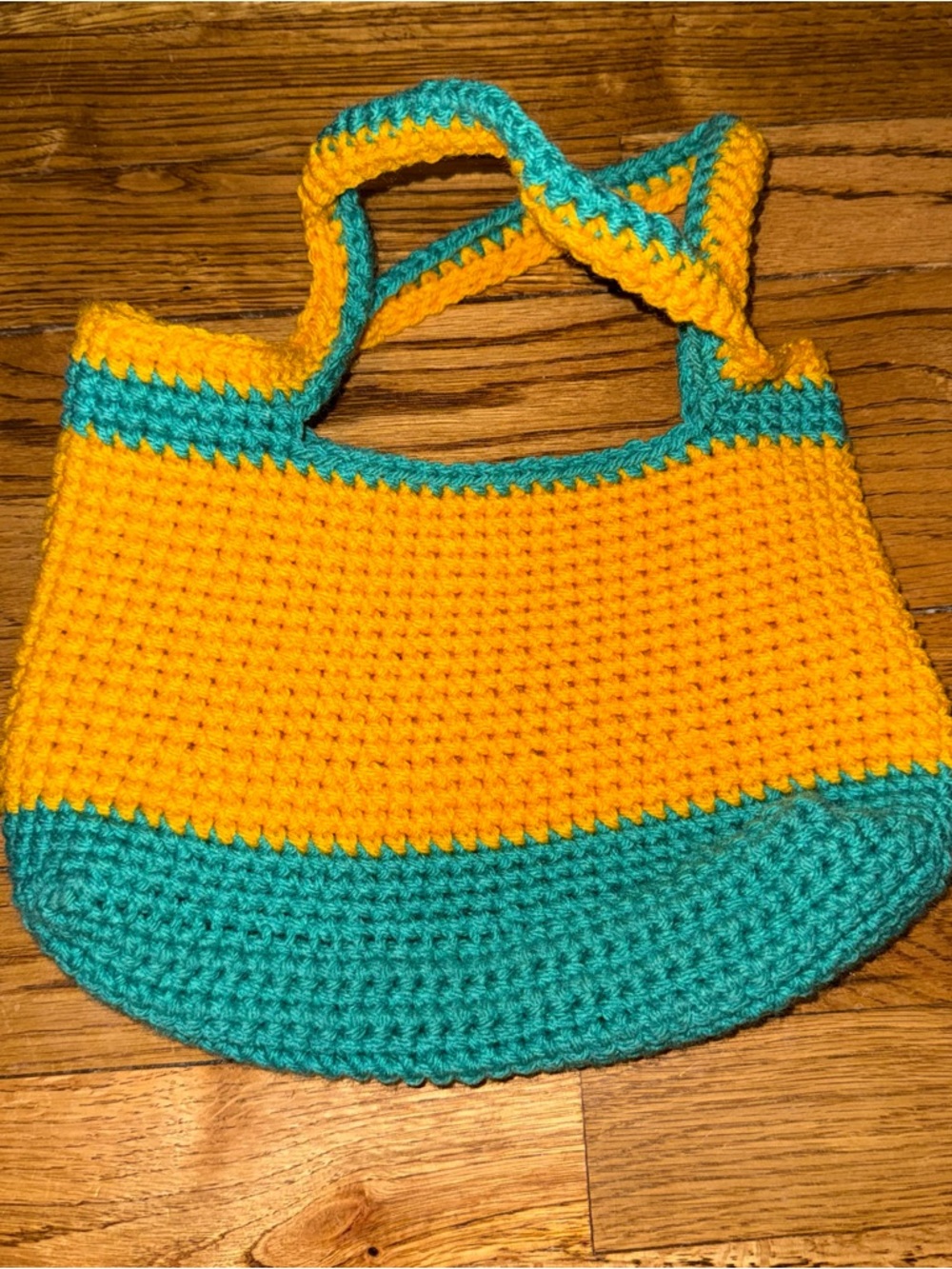 Hand-Crocheted Yellow and Teal Women’s Tote Bag. 9.5 x 6 inches